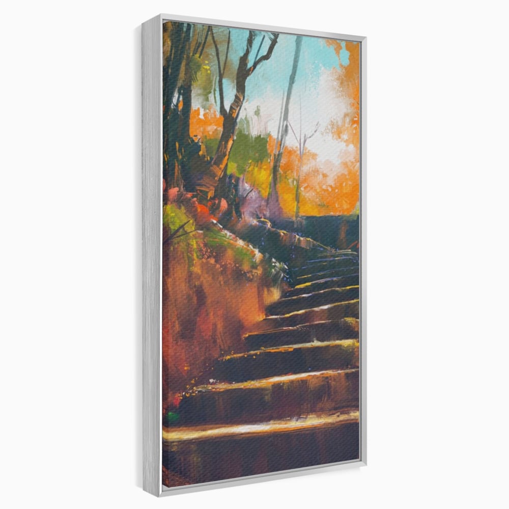 Tablou canvas cu tablou canvas cu scari de toamna, in rama de aluminiu argintiu